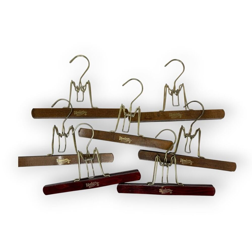 Union 4 Set of 7 Pants Trouser Hangers Felt Lined Wooden W Germany